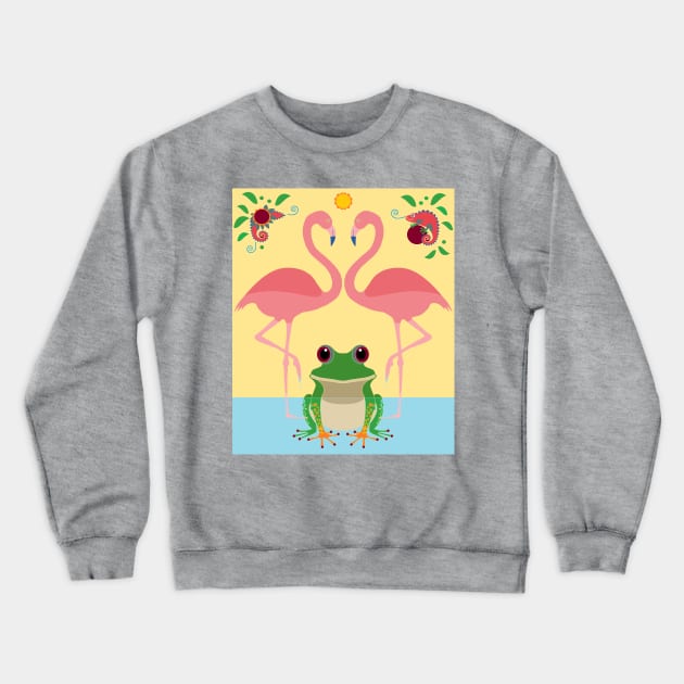 Two Flamingos, One Frog, Foliage and a Chameleon  Crewneck Sweatshirt by JeanGregoryEvans1